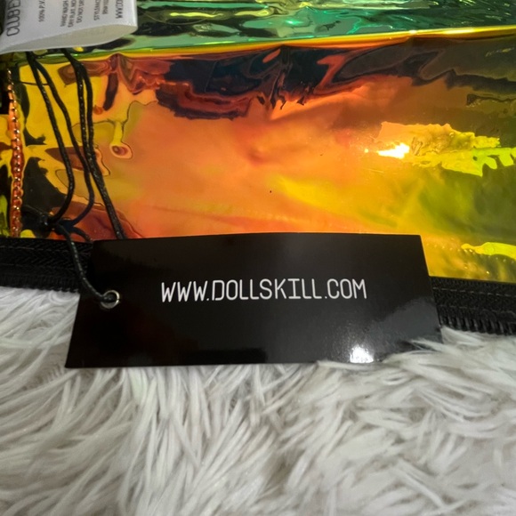 CLUB EXX Techno Gurl Hologram Vinyl Pinafore Overall Dress Metallic Blue Copper - Picture 11 of 12